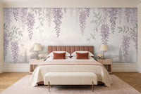 Lilac Wisteria Floral Mural in a bedroom