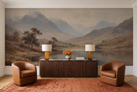 Blue And Grey Highlands Landscape Mural in a living room