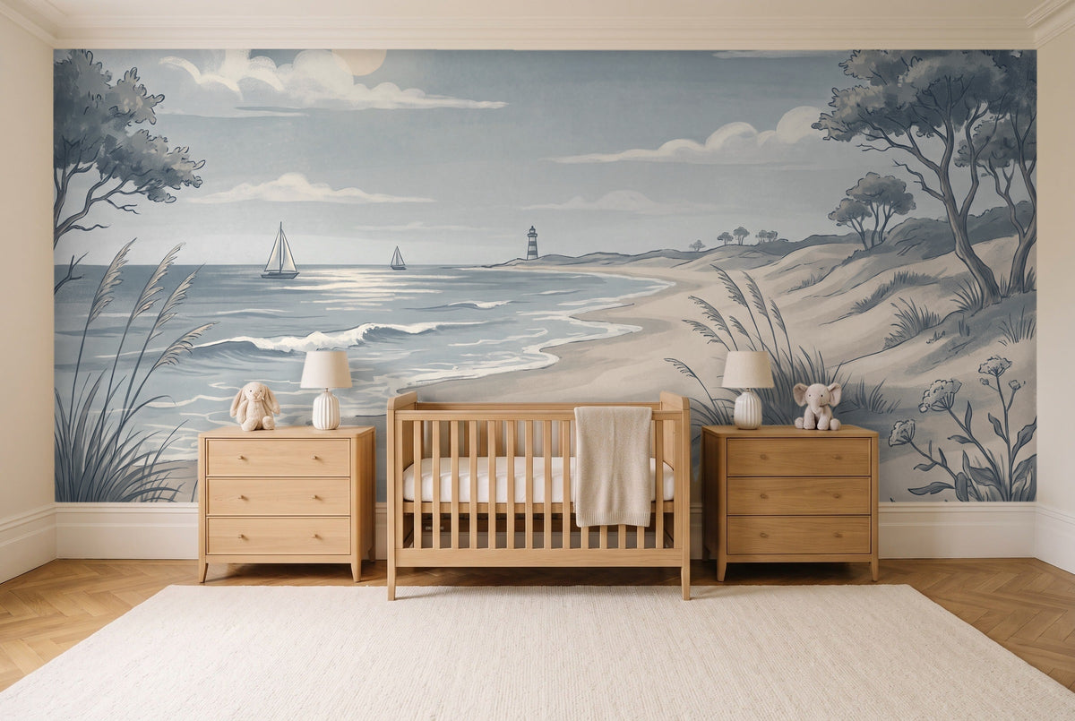 Blue Beach Landscape Mural in a nursery