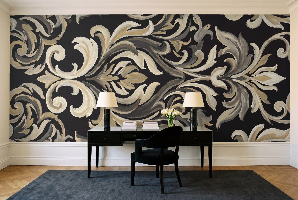 Black Damask Mural in a home office