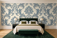 Blue Scroll Damask Mural in a bedroom