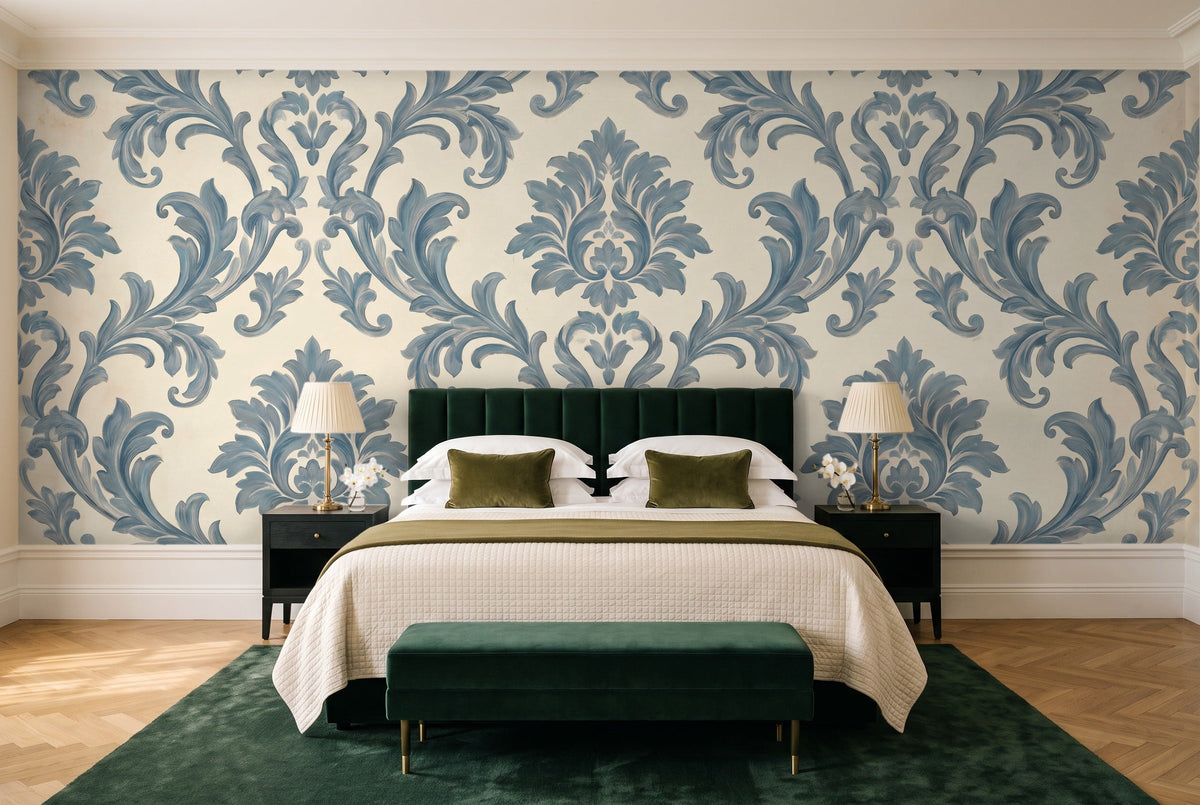 Blue Scroll Damask Mural in a bedroom
