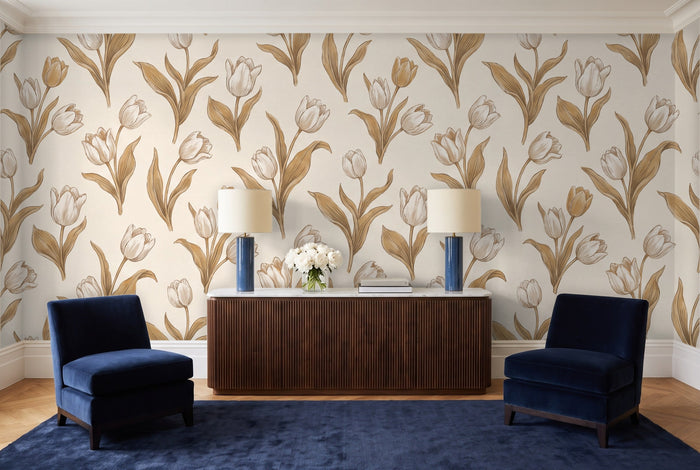 White And Gold Tulip Floral Mural