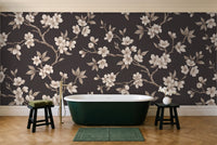 Charcoal Cherry Blossom Floral Mural in a bathroom