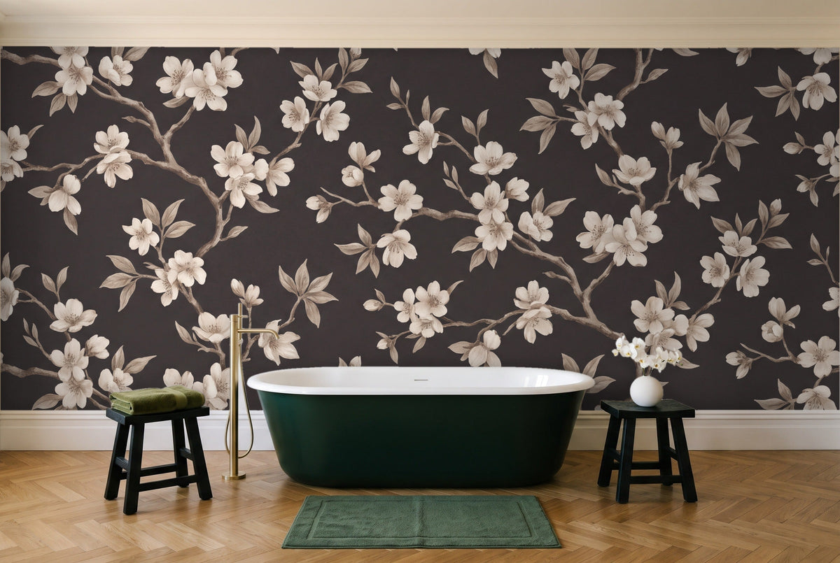 Charcoal Cherry Blossom Floral Mural in a bathroom
