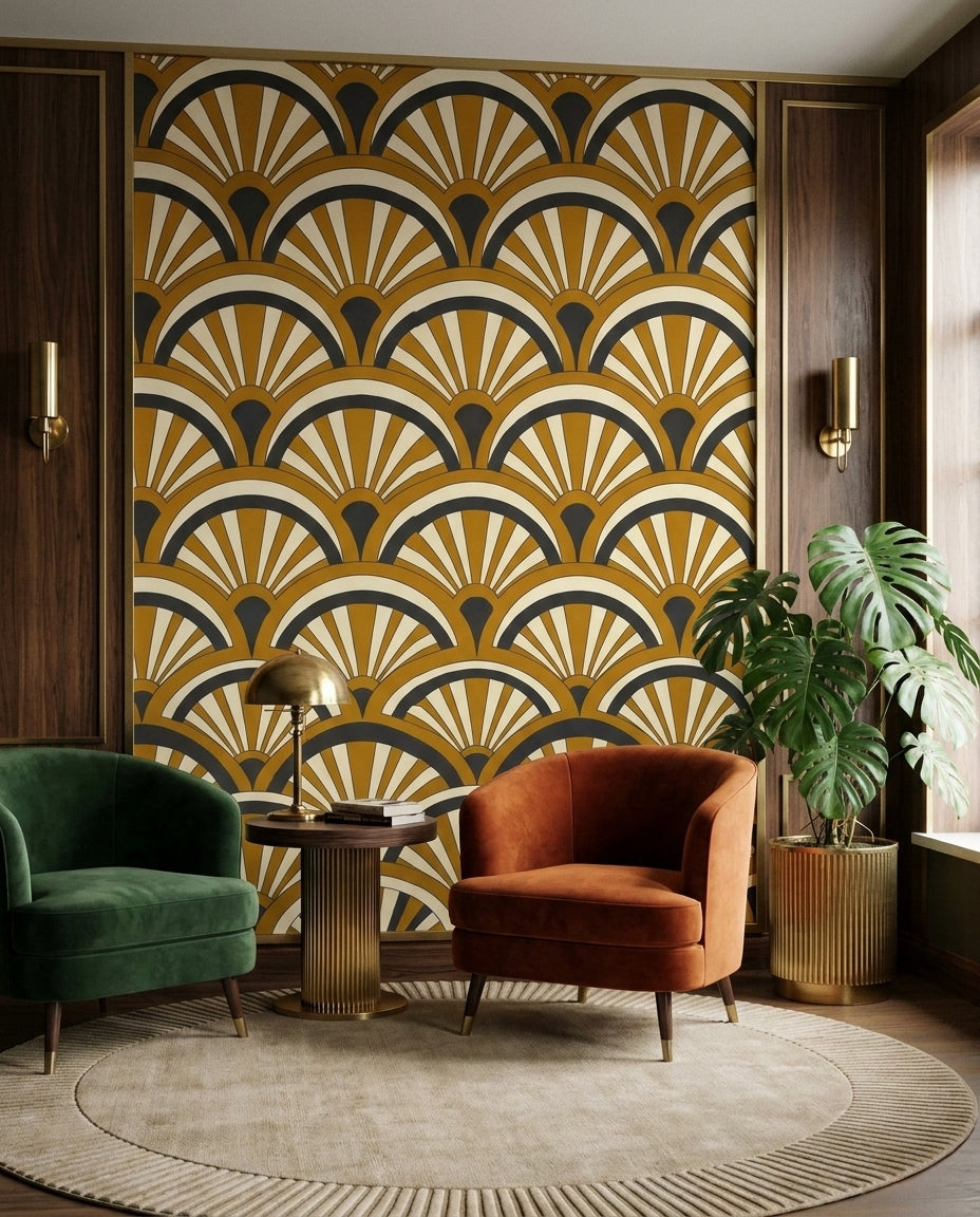 Ochre Fan Geometric Mural on a feature wall