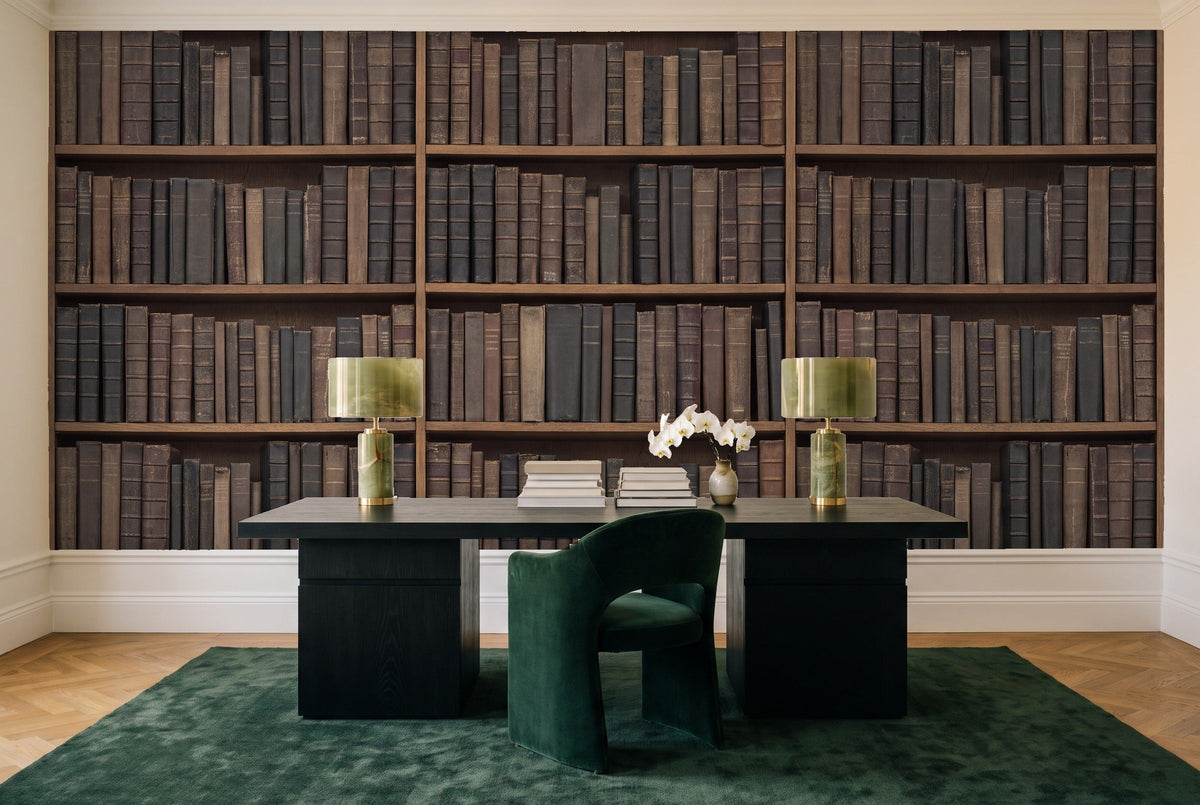 Charcoal Bookshelf Library Mural in a home office
