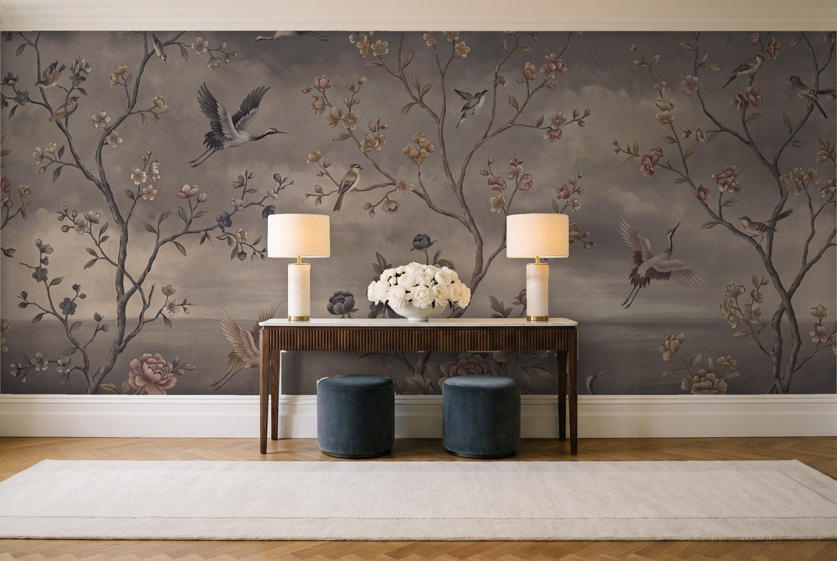 Charcoal Chinoiserie Garden Chinoiserie Mural in an entryway