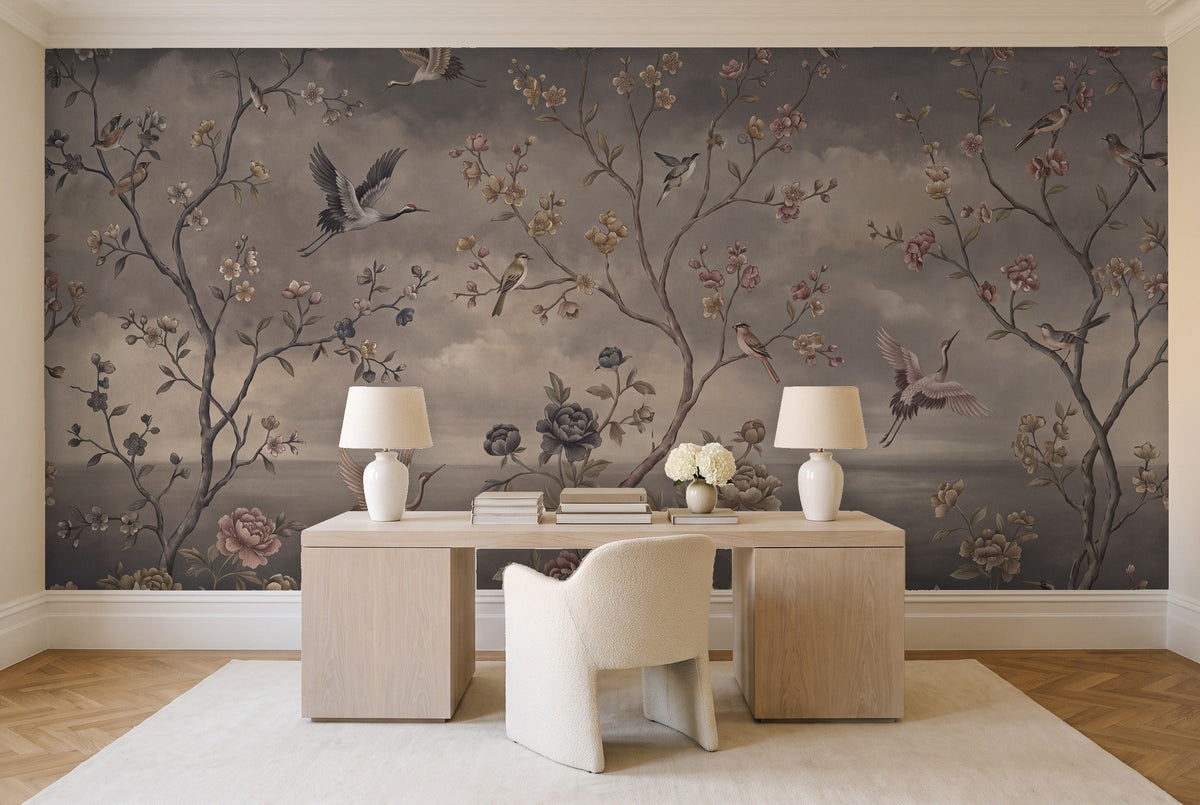 Charcoal Chinoiserie Garden Chinoiserie Mural in a home office
