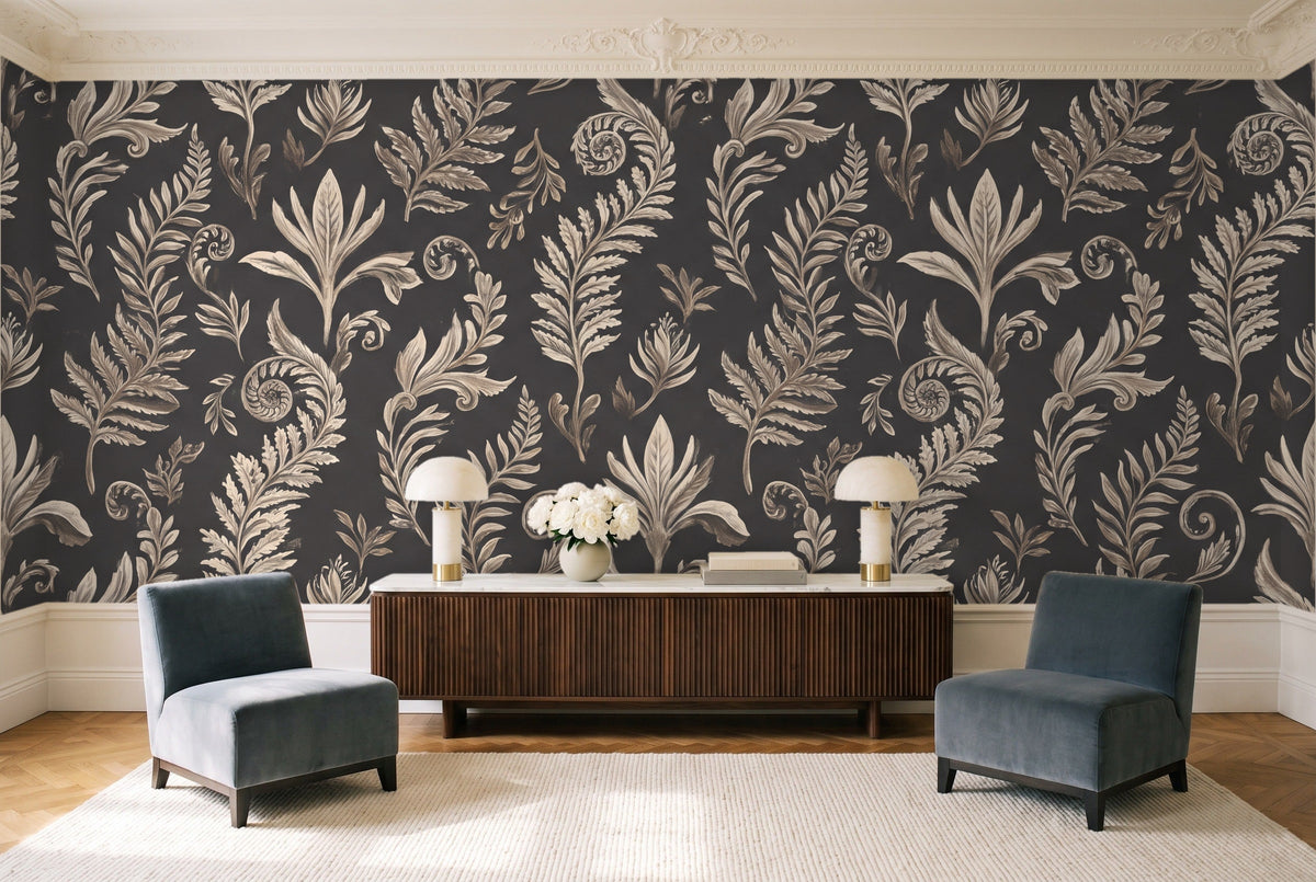 Charcoal Fern Botanical Mural in a living room