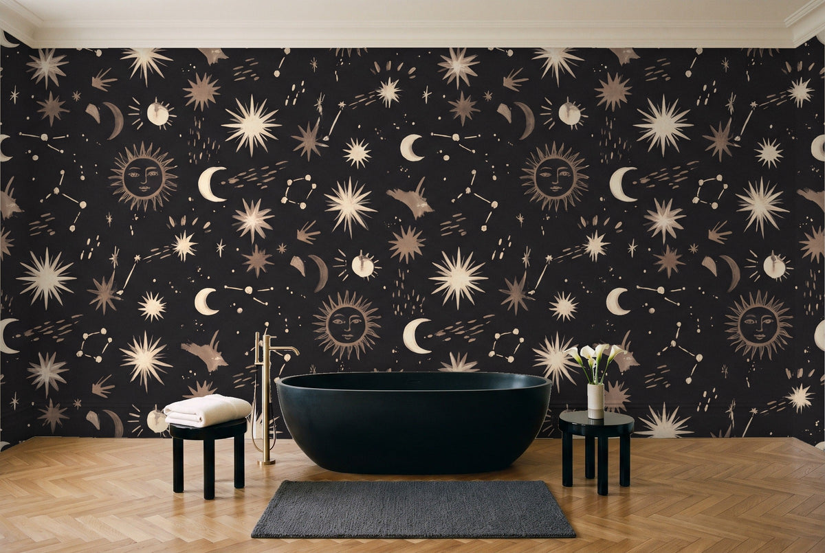 Charcoal Stars Celestial Mural in a bathroom