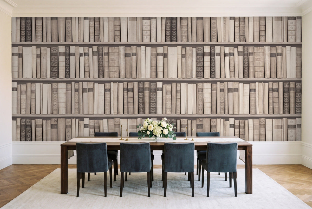 Cream Bookshelf Library Mural in a dining room