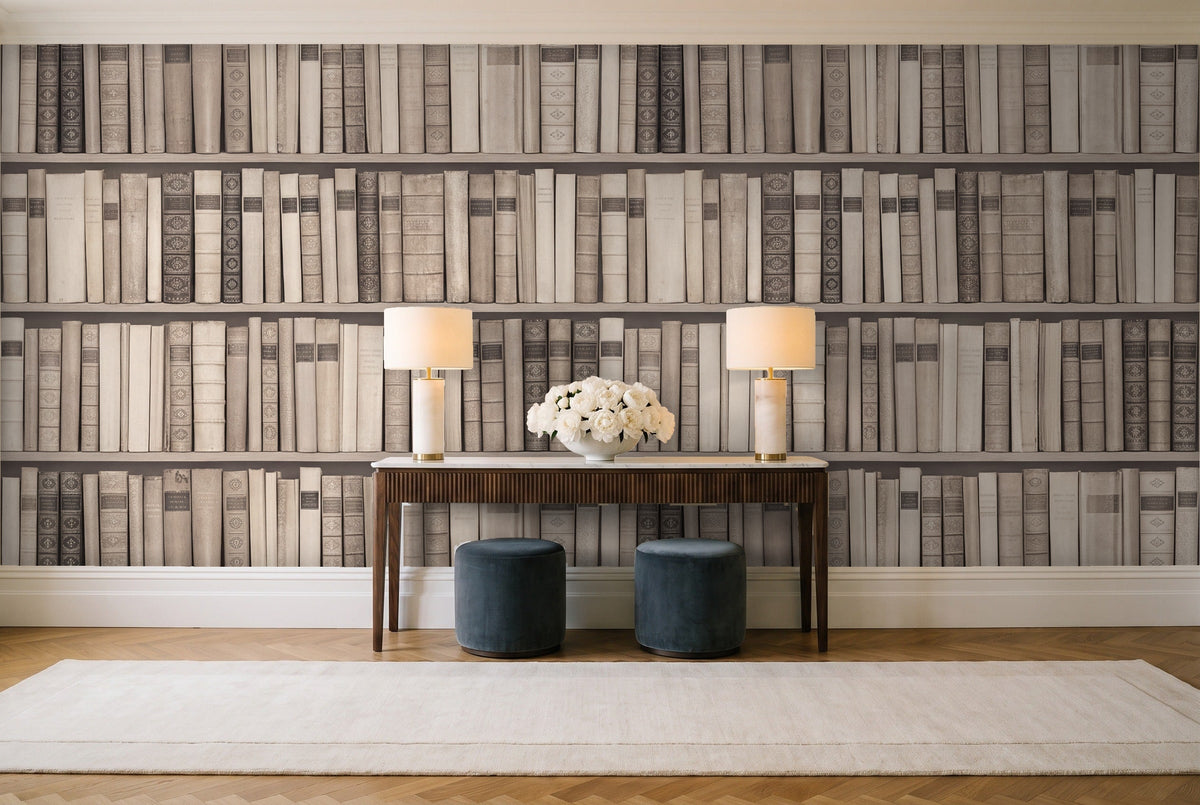 Cream Bookshelf Library Mural in an entryway