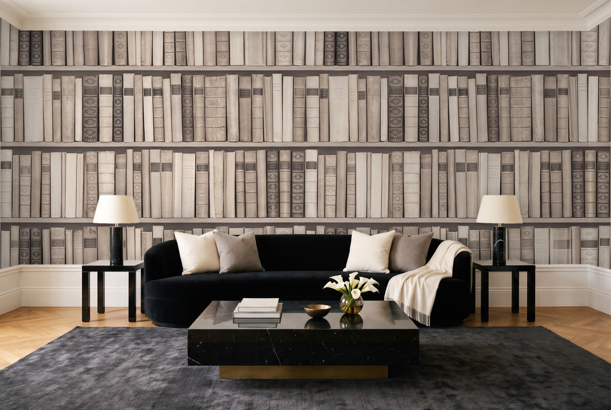 Cream Bookshelf Library Mural in a living room
