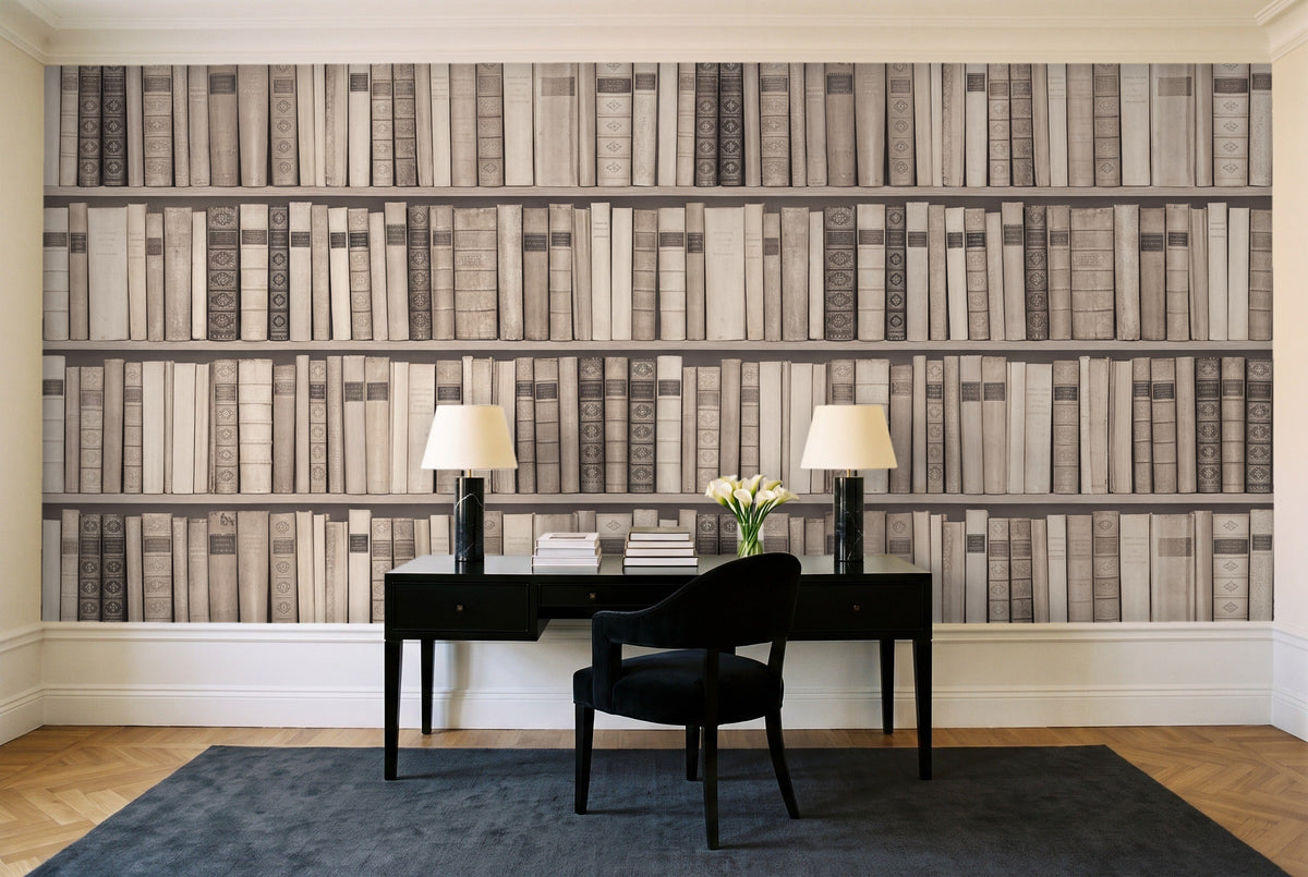 Cream Bookshelf Library Mural in a home office