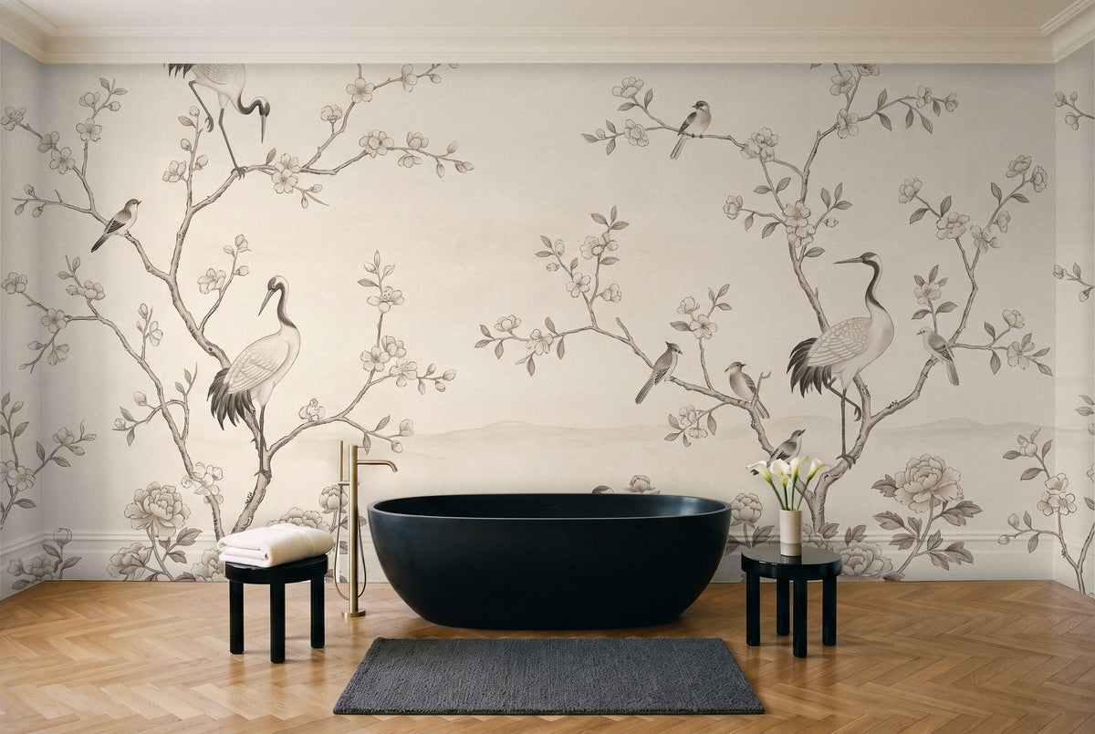 Cream Chinoiserie Garden Chinoiserie Mural in a bathroom