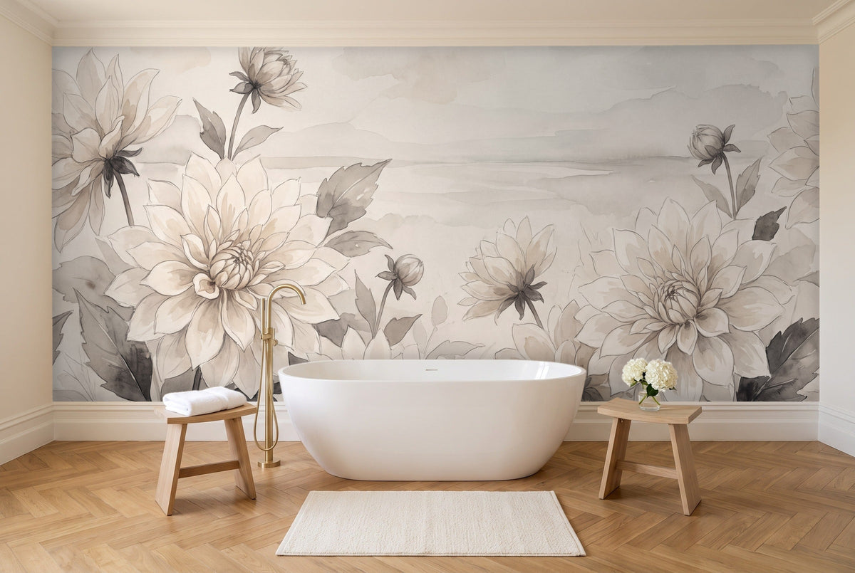 Cream Dahlia Floral Mural in a bathroom