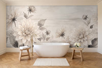 Cream Dahlia Floral Mural in a bathroom