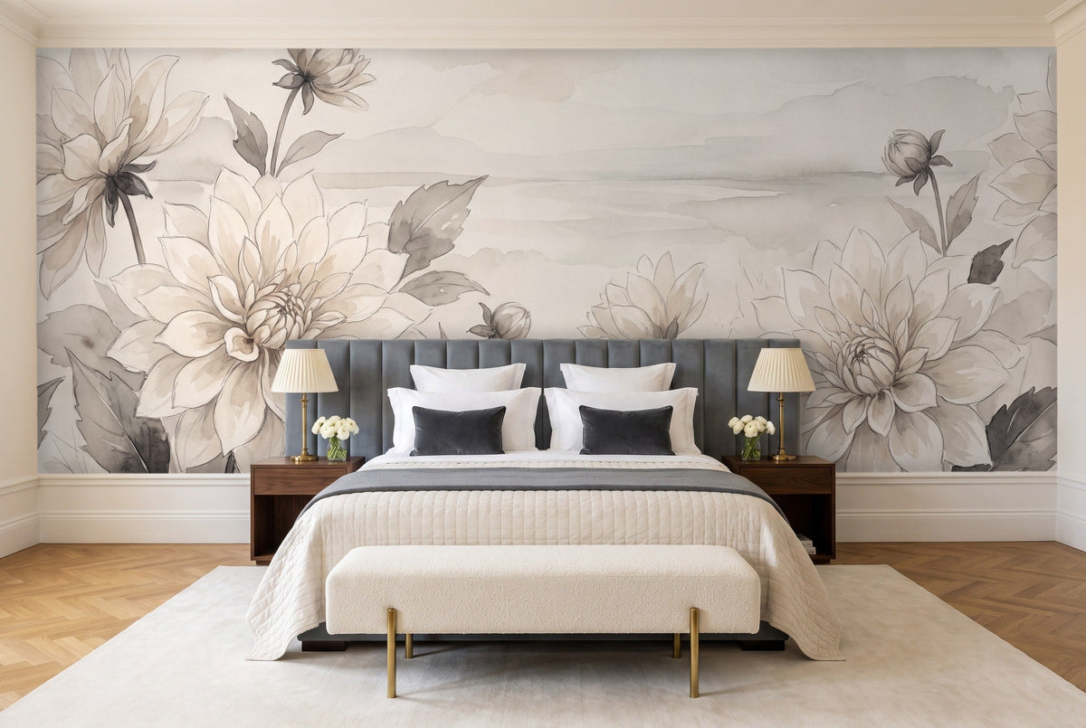 Cream Dahlia Floral Mural in a bedroom