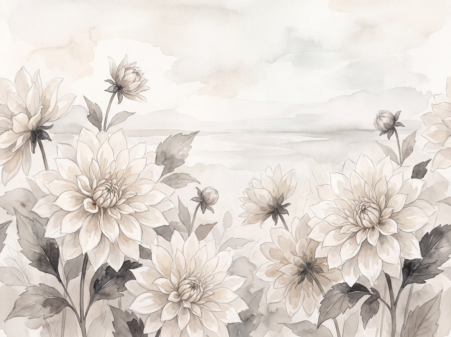 Cream Dahlia Floral Mural, preview of the area printed on your wall
