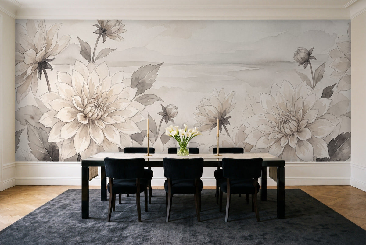 Cream Dahlia Floral Mural in a dining room