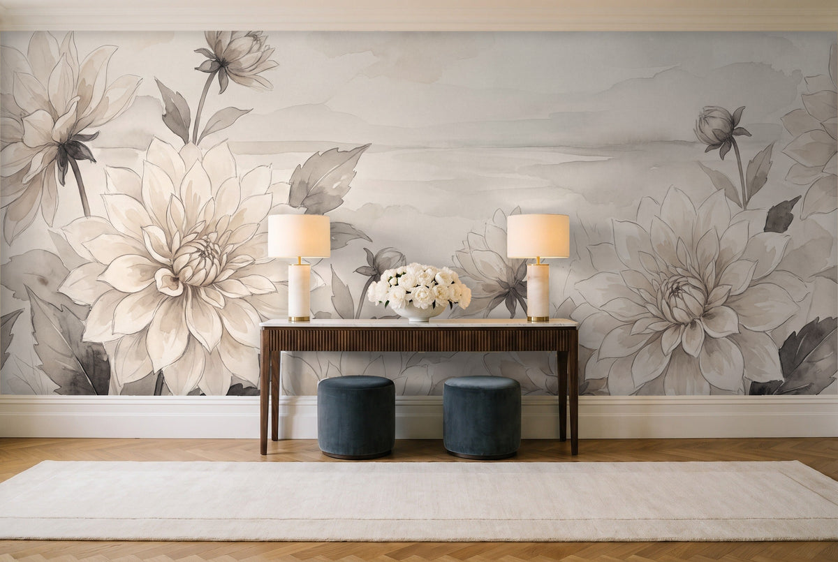 Cream Dahlia Floral Mural in an entryway
