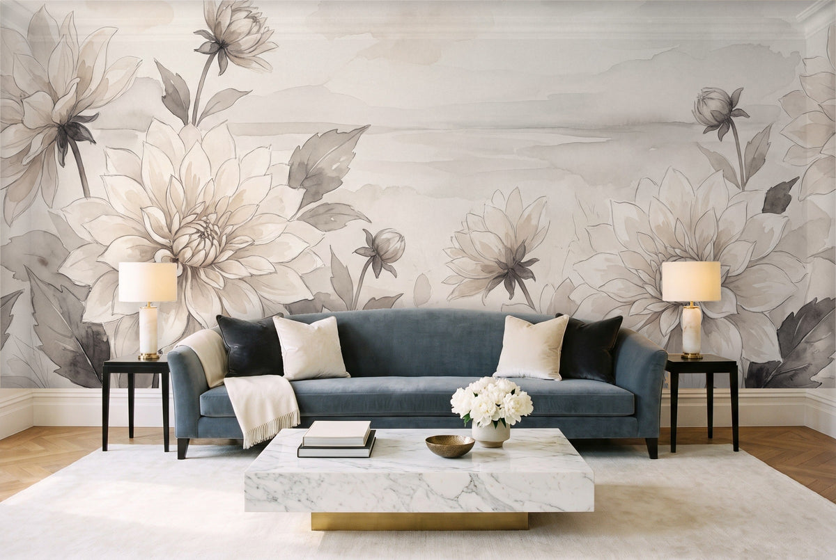 Cream Dahlia Floral Mural in a living room