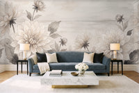 Cream Dahlia Floral Mural in a living room