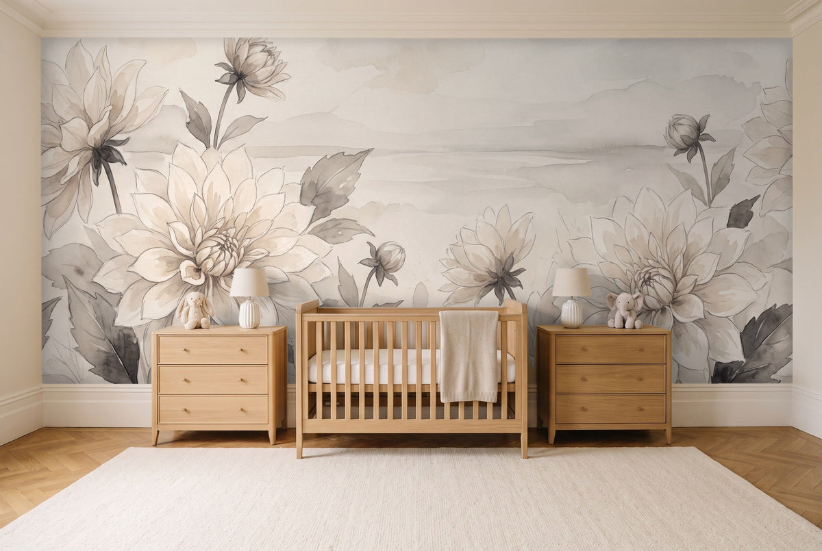 Cream Dahlia Floral Mural in a nursery