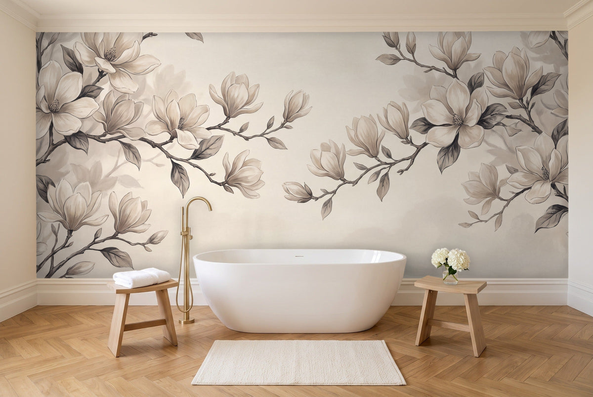 Cream Magnolia Floral Mural in a bathroom