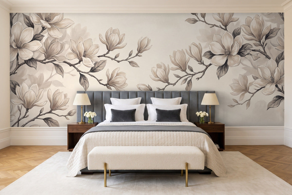 Cream Magnolia Floral Mural in a bedroom