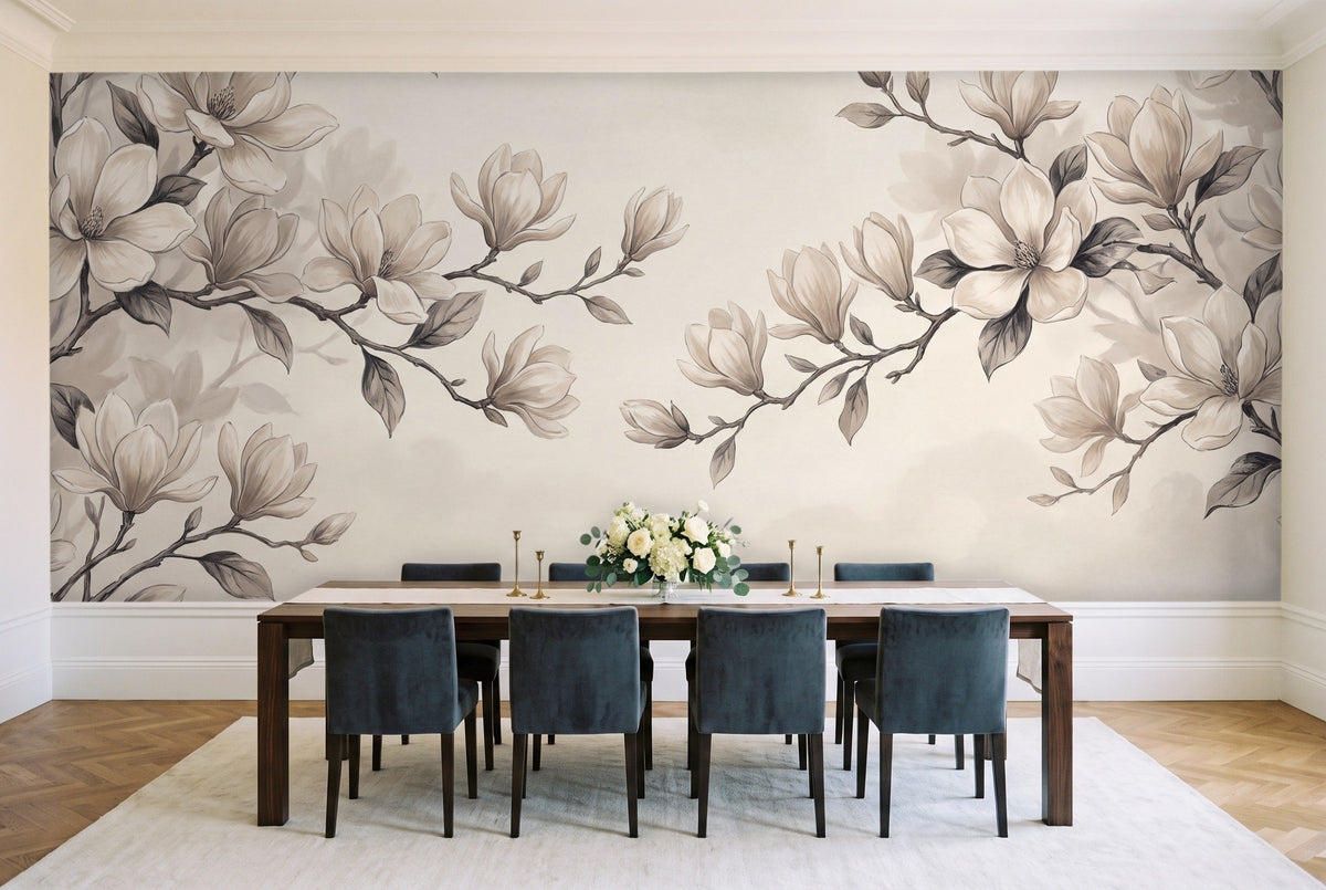 Cream Magnolia Floral Mural in a dining room