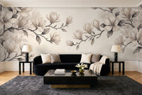 Cream Magnolia Floral Mural in a living room