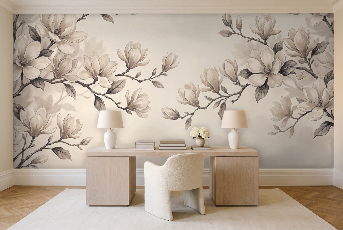 Cream Magnolia Floral Mural in a home office