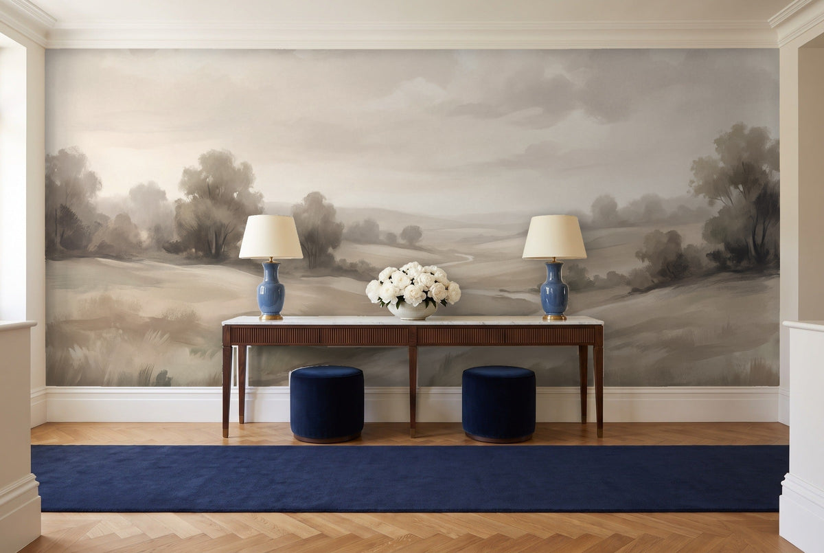 Cream Meadow Landscape Mural in an entryway