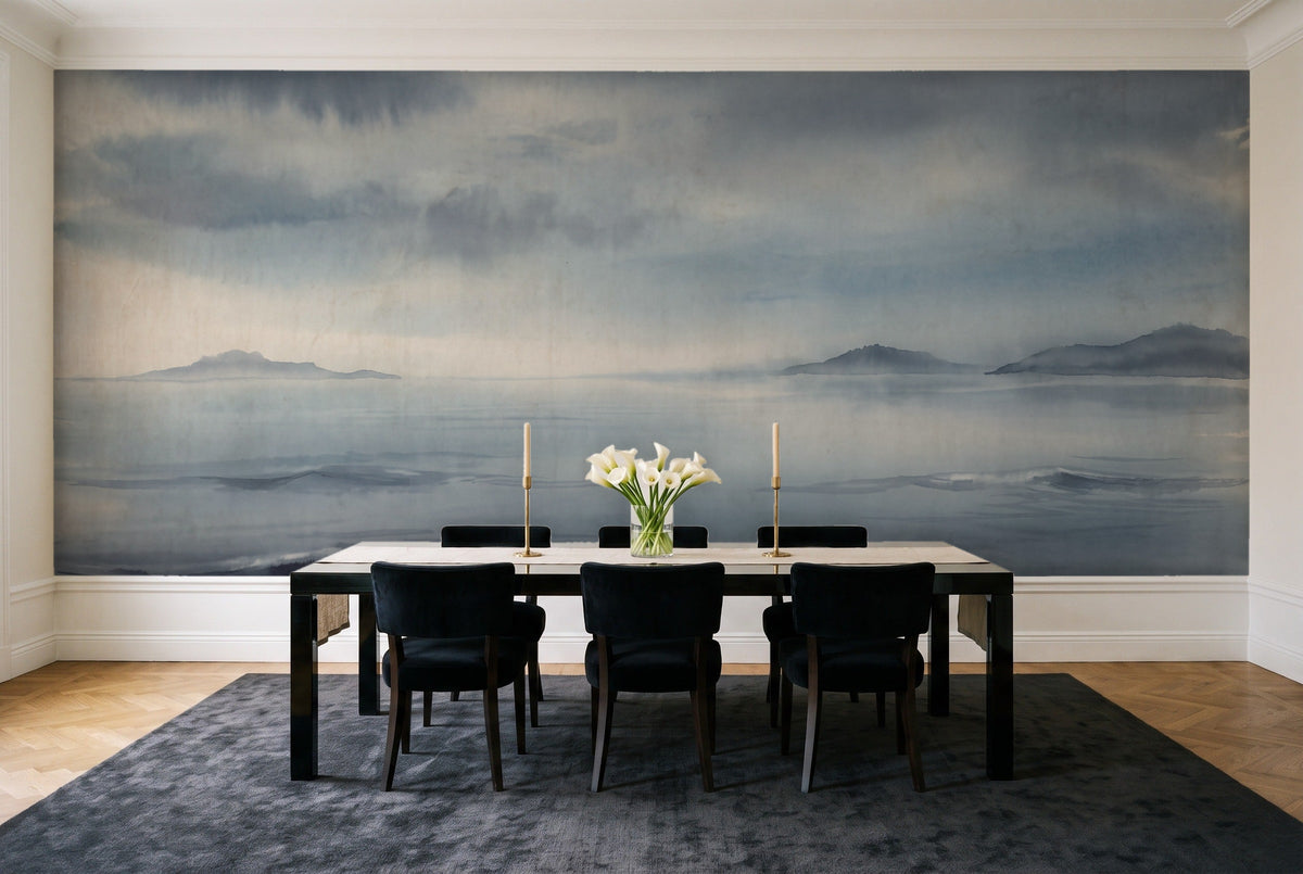 Navy Ocean Landscape Mural in a dining room