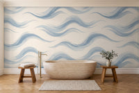 Light Blue Wave Abstract Mural in a bathroom
