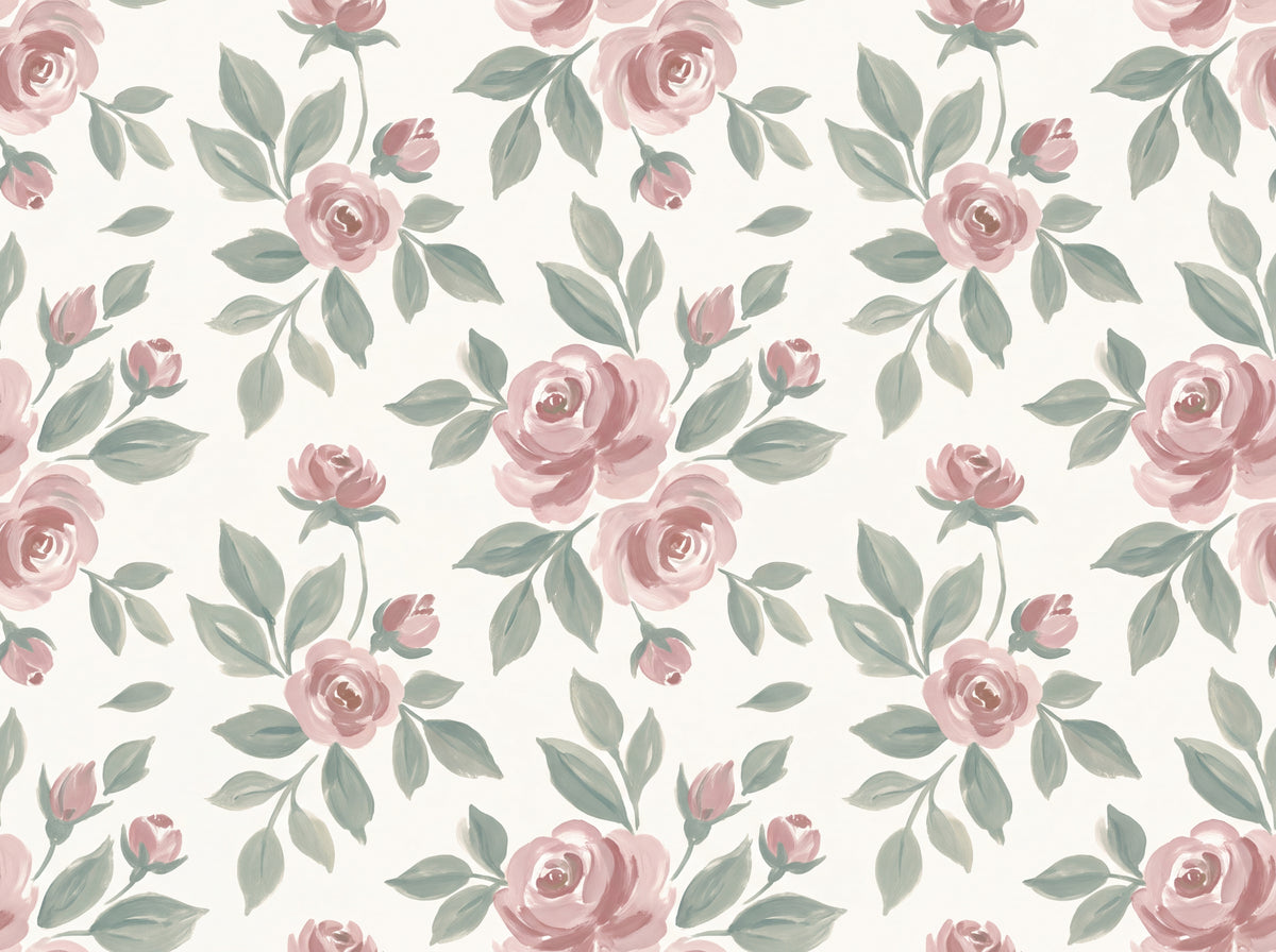 Green And Pink Rose Floral Mural placed in your room