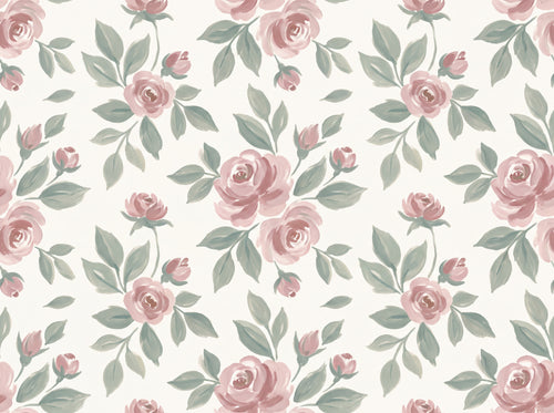 Green And Pink Rose Floral Mural sample on the real paper