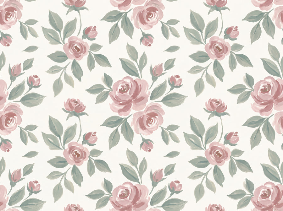 Green And Pink Rose Floral Mural