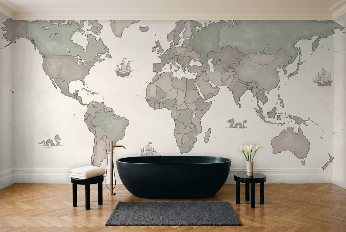 Sage World Map Map Mural in a bathroom
