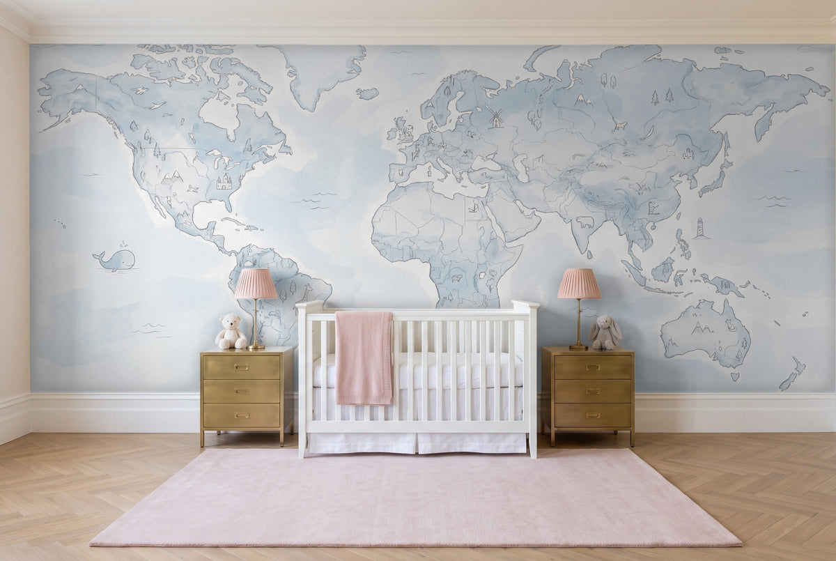 Light Blue World Map Map Mural in a nursery