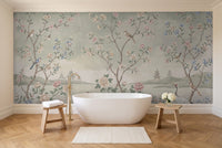 Sage Chinoiserie Garden Chinoiserie Mural in a bathroom