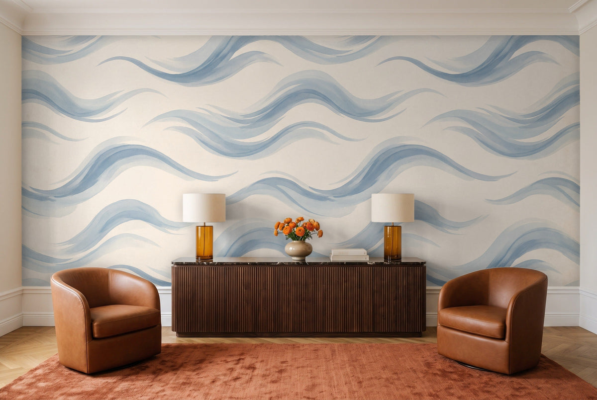 Light Blue Wave Abstract Mural in a living room