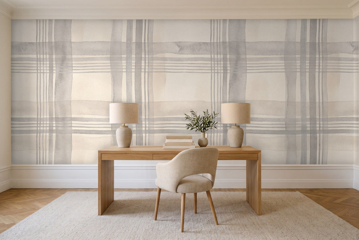 Grey Plaid Mural in a home office