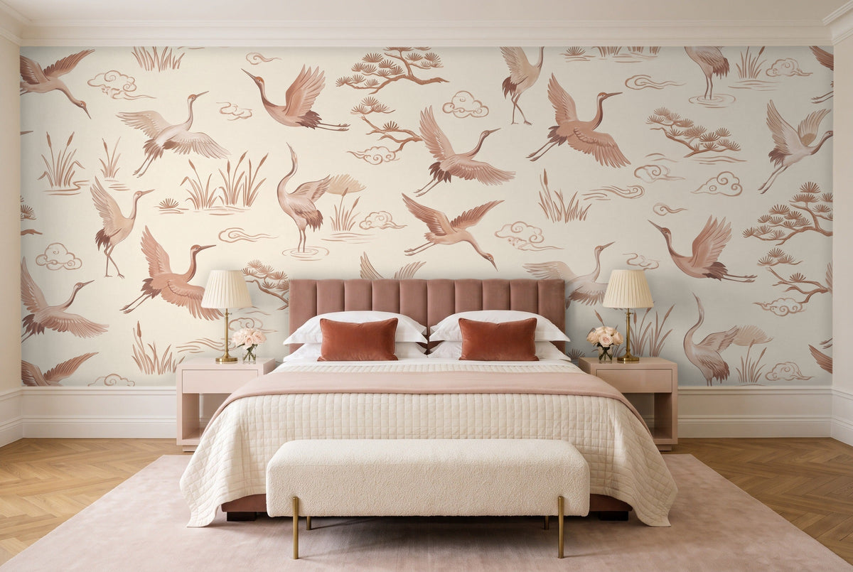 Blush Crane Animal Mural in a bedroom