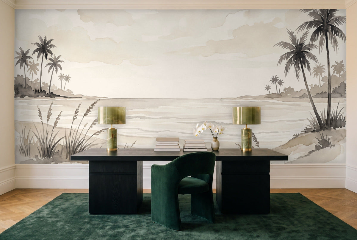 Cream Beach Landscape Mural in a home office