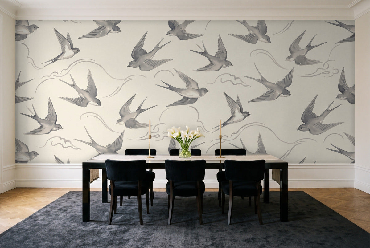 Grey Swallow Animal Mural in a dining room