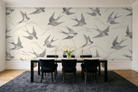 Grey Swallow Animal Mural in a dining room