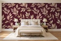 Burgundy Leaf Botanical Mural in a bedroom